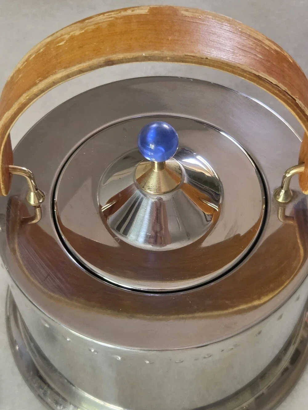 Vintage Bodum Ottoni Tea Kettle 1.5L, Stainless Steel, Wooden Handle, Blue Eye